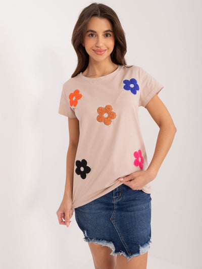 BASIC FEEL GOOD Ciemnobeżowy t-shirt z aplikacją w kwiaty