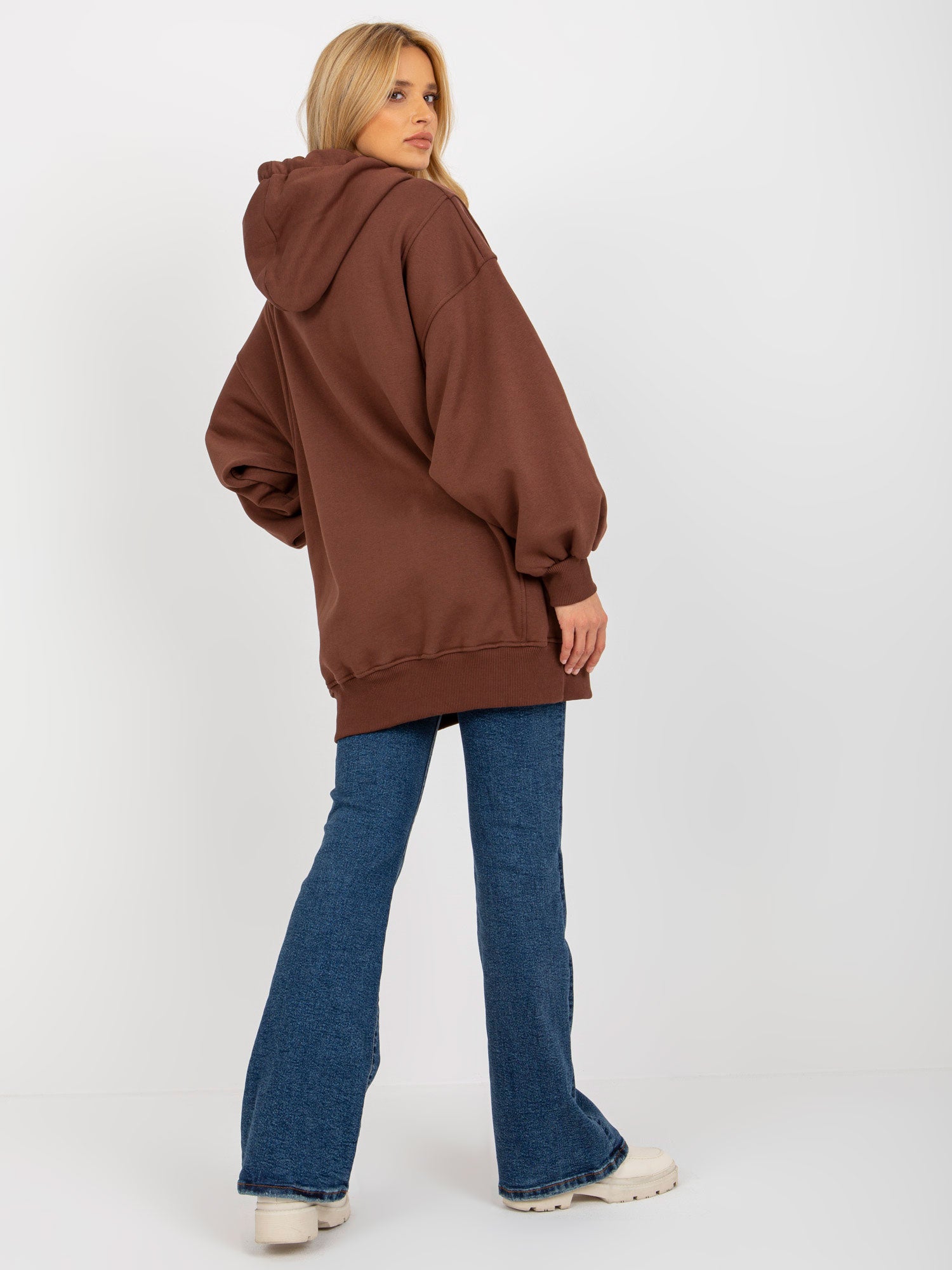 Ciemnobrązowa dresowa długa bluza basic oversize z kapturem
