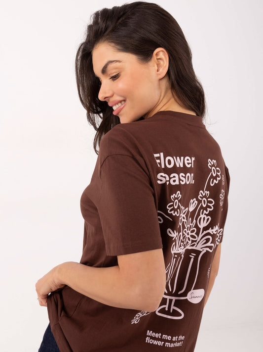 SUBLEVEL Ciemnobrązowy bawełniany t-shirt z nadrukiem