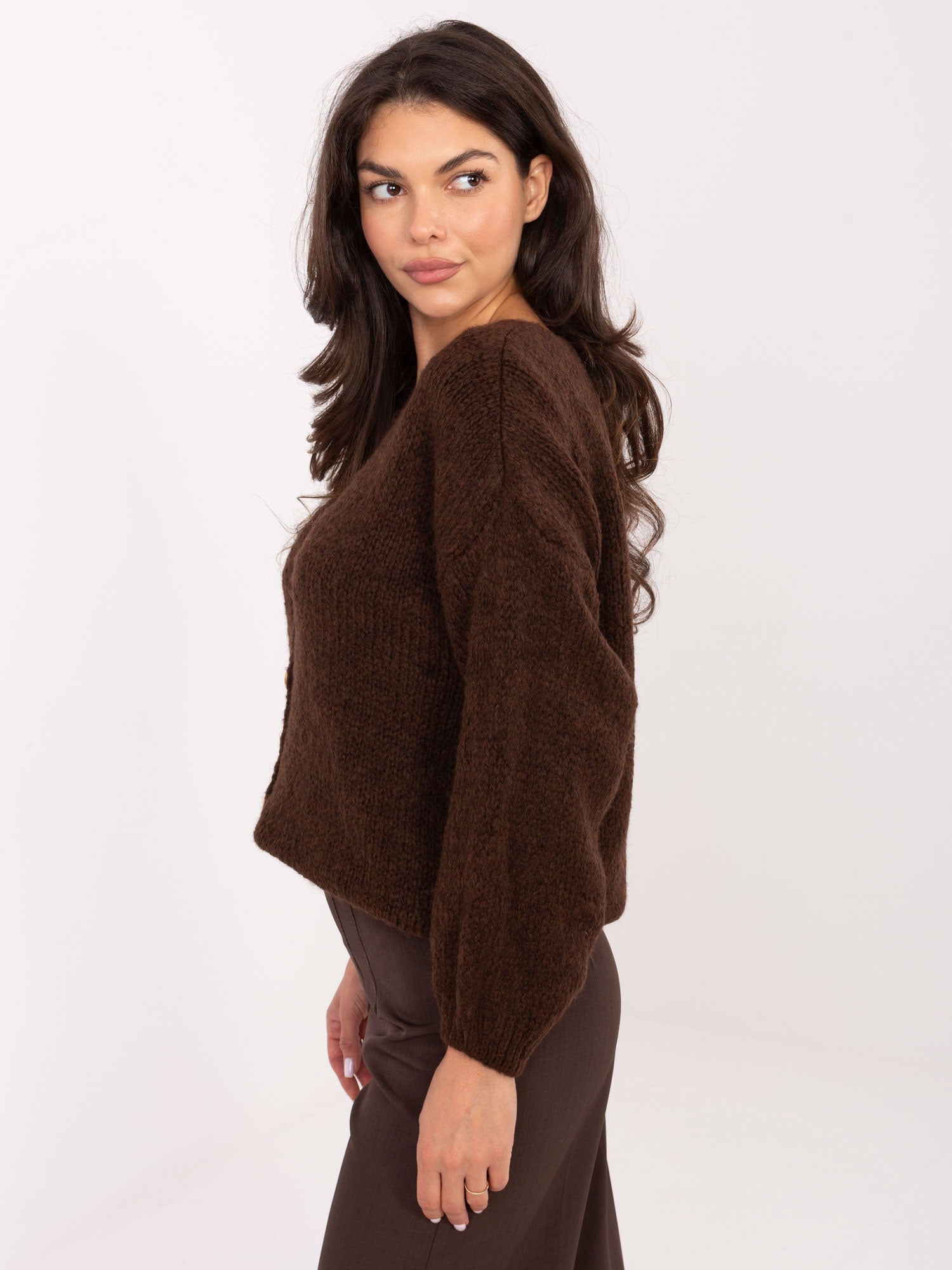 RUE PARIS Ciemnobrązowy rozpinany sweter oversize