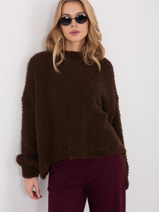 Ciemnobrązowy sweter boucle z domieszką wełny
