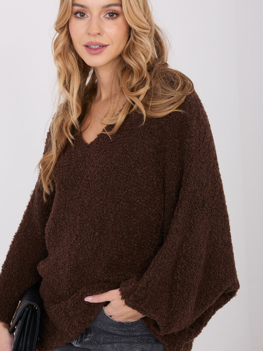Ciemnobrązowy sweter oversize boucle z dekoltem V