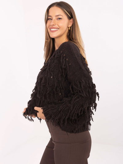 RUE PARIS Ciemnobrązowy sweter oversize z frędzlami
