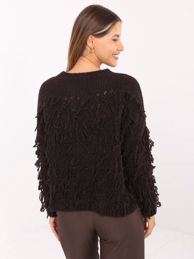 RUE PARIS Ciemnobrązowy sweter oversize z frędzlami