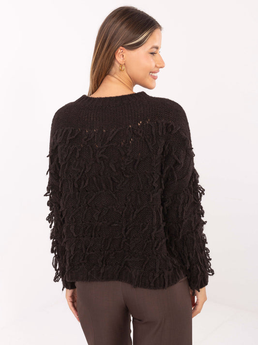 RUE PARIS Ciemnobrązowy sweter oversize z frędzlami