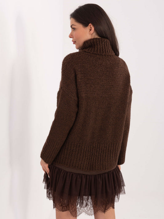 Ciemnobrązowy damski sweter oversize z golfem