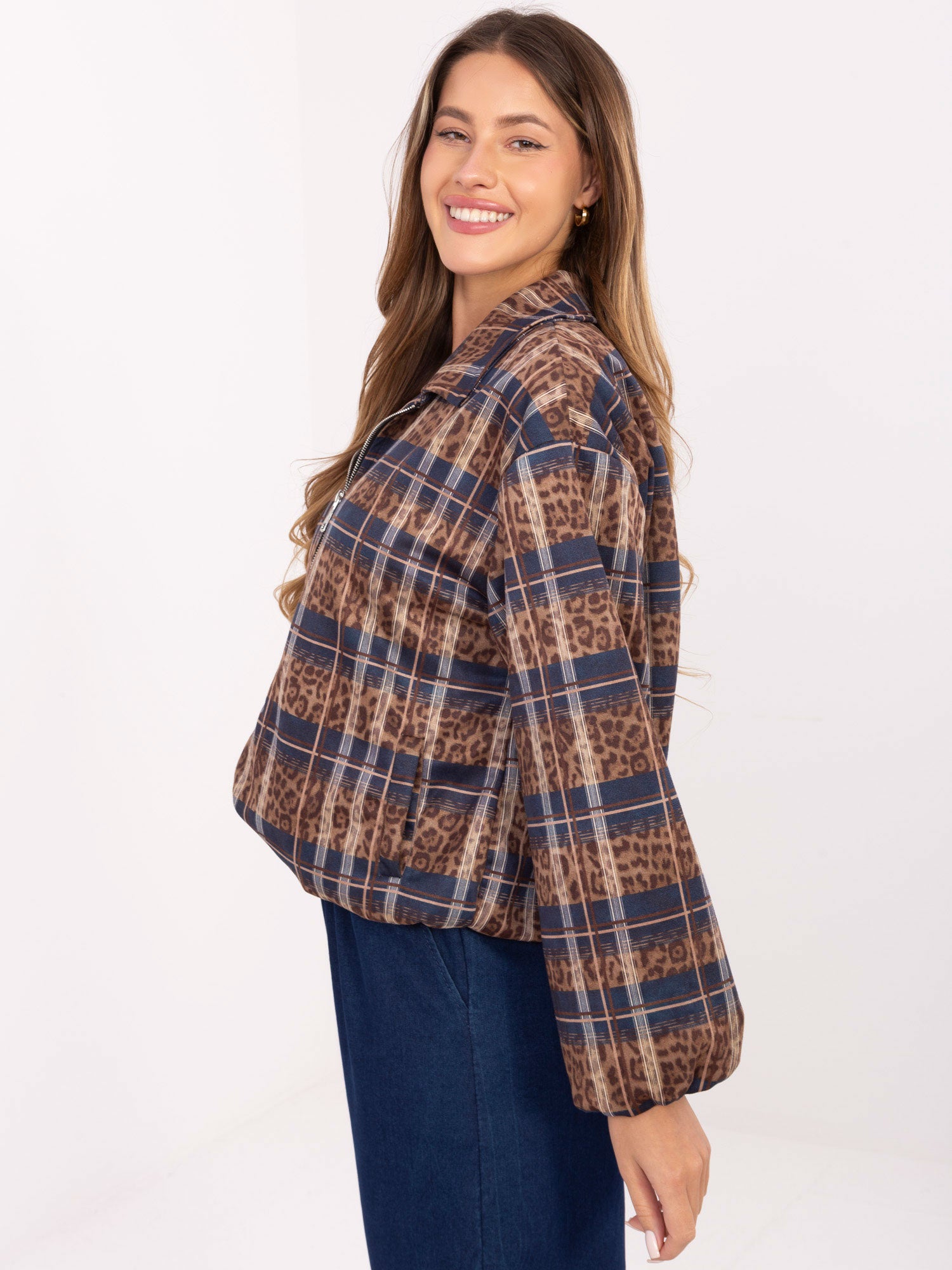 RUE PARIS Ciemnocamelowo-niebieska przejściowa kurtka z suwakiem
