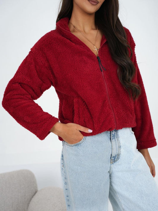 Ciemnoczerwona futrzana bluza z suwakiem