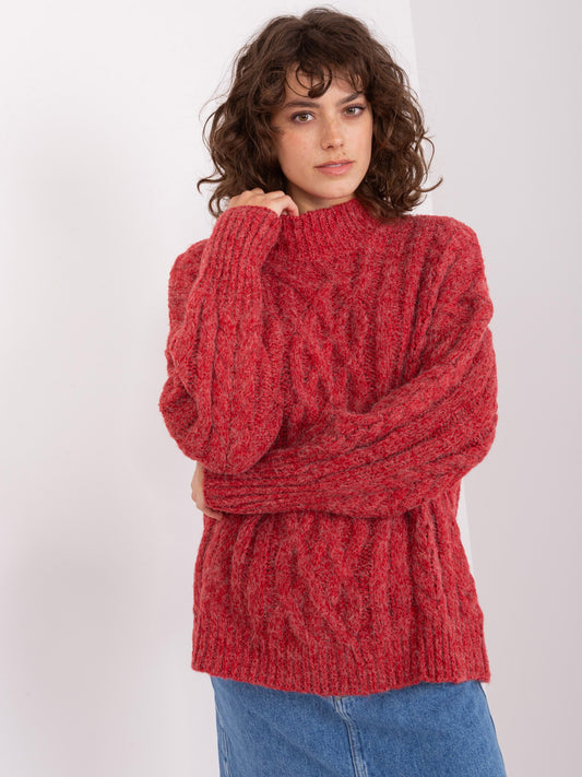 Ciemnoczerwony sweter z warkoczami i ściągaczami