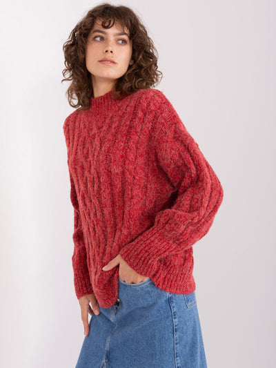 Ciemnoczerwony sweter z warkoczami i ściągaczami