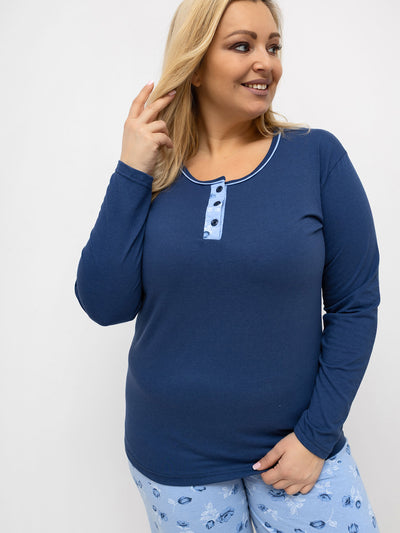 Ciemnoniebieska piżama plus size ze spodniami w róże