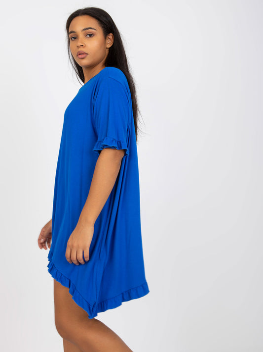 Ciemnoniebieska mini sukienka plus size z falbaną