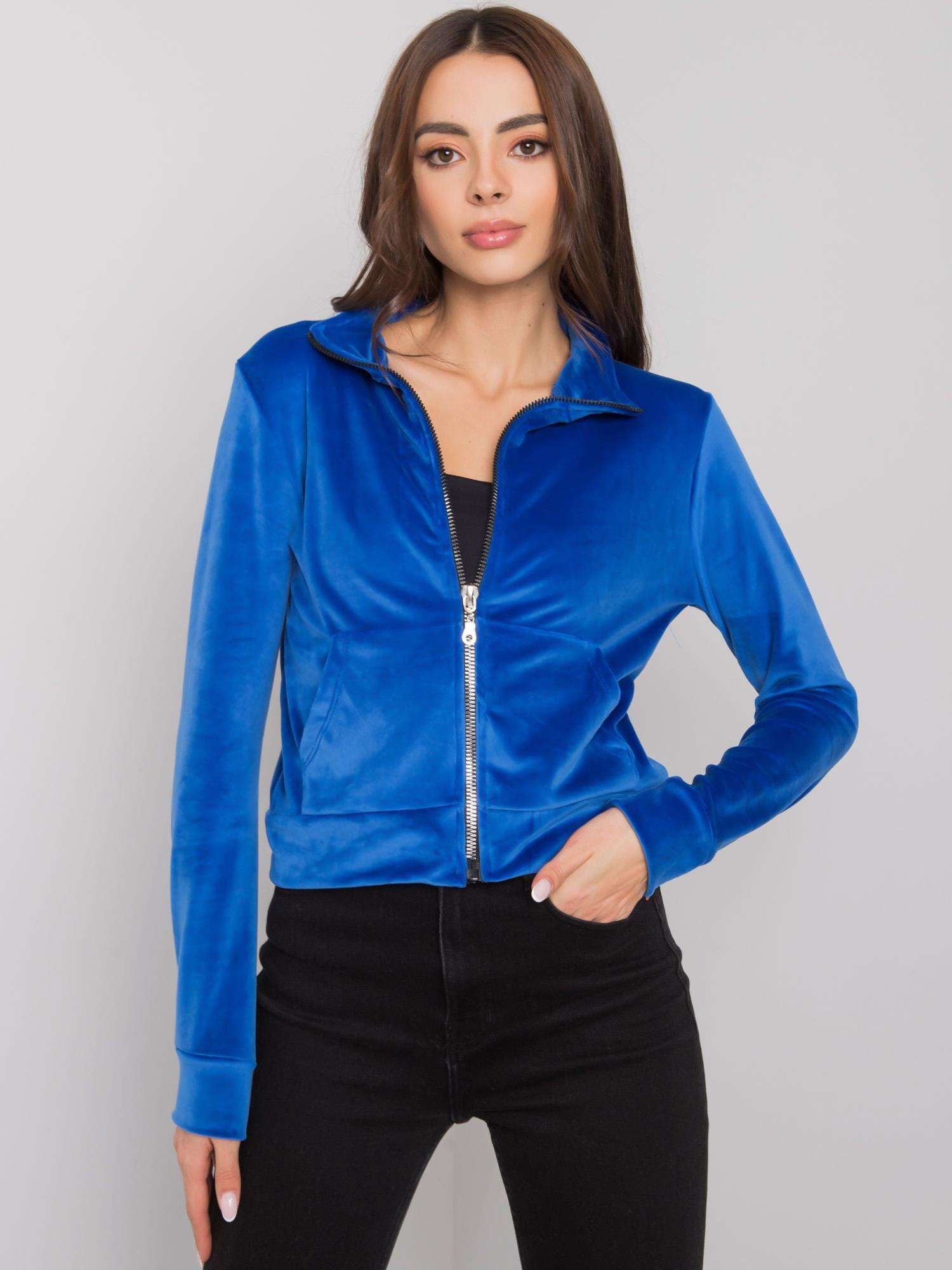 RUE PARIS Ciemnoniebieska bluza z weluru na suwak