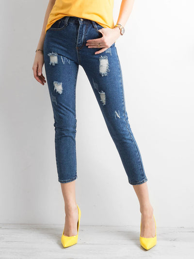 Spodnie ankle jeans z przetarciami ciemnoniebieskie