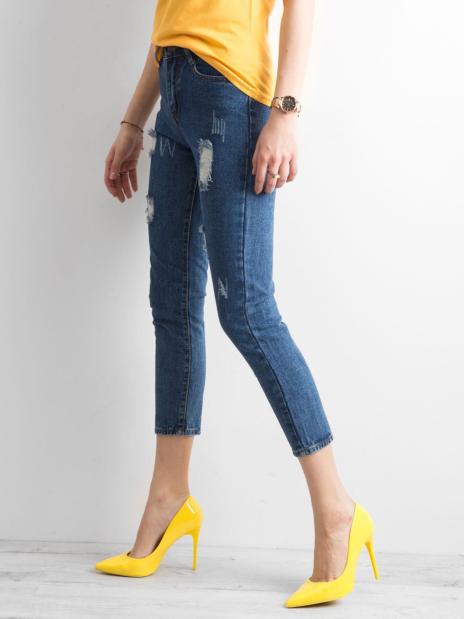 Spodnie ankle jeans z przetarciami ciemnoniebieskie