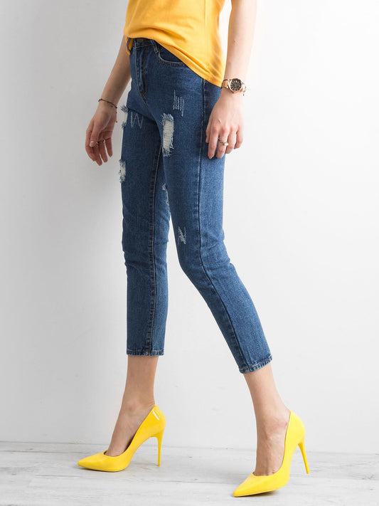 Spodnie ankle jeans z przetarciami ciemnoniebieskie