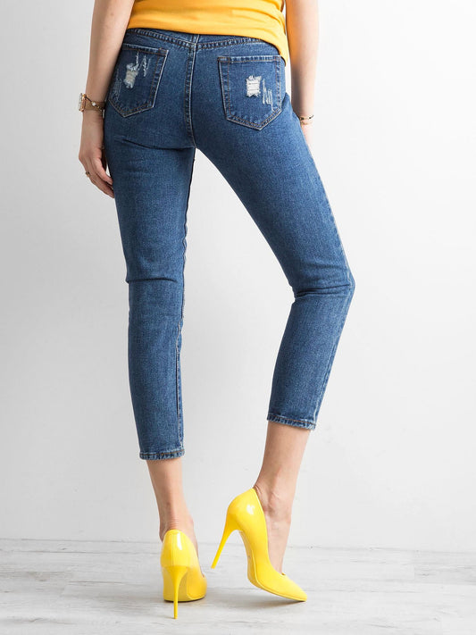 Spodnie ankle jeans z przetarciami ciemnoniebieskie