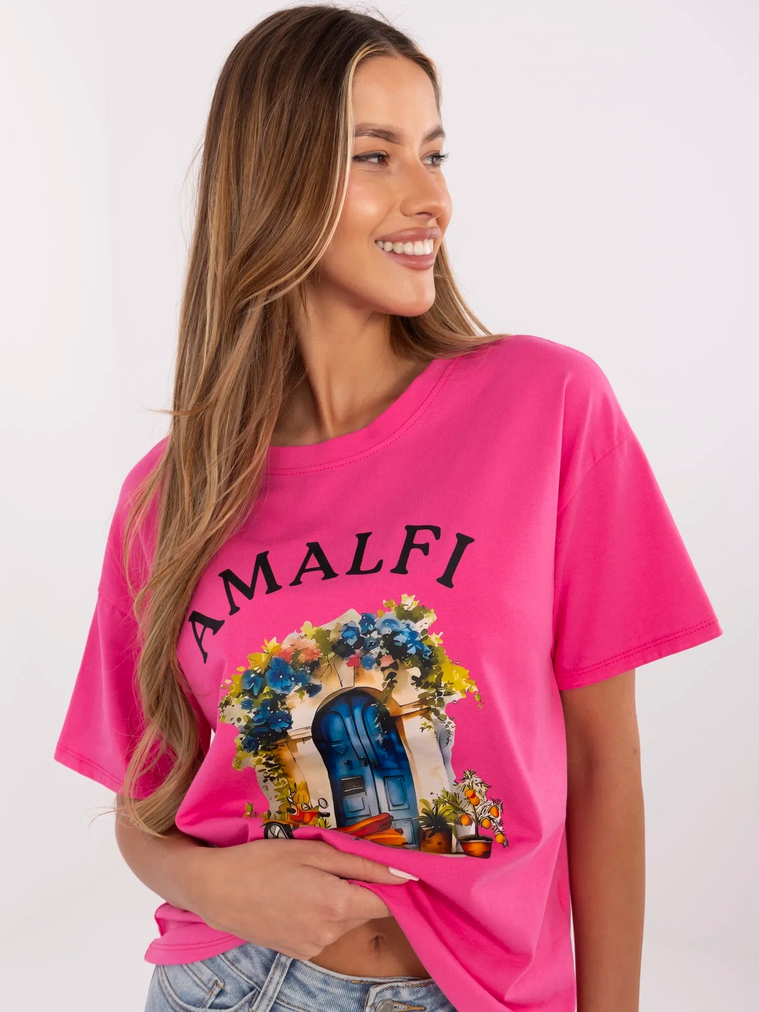 Ciemnoróżowy bawełniany t-shirt z nadrukiem