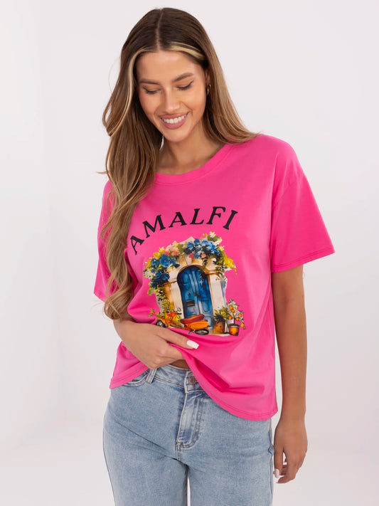 Ciemnoróżowy bawełniany t-shirt z nadrukiem