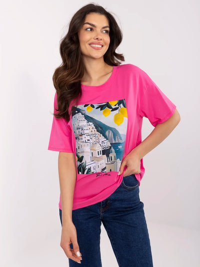 Ciemnoróżowy damski t-shirt z włoskim motywem