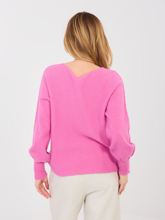Ciemnoróżowy sweter oversize z dekoltem V