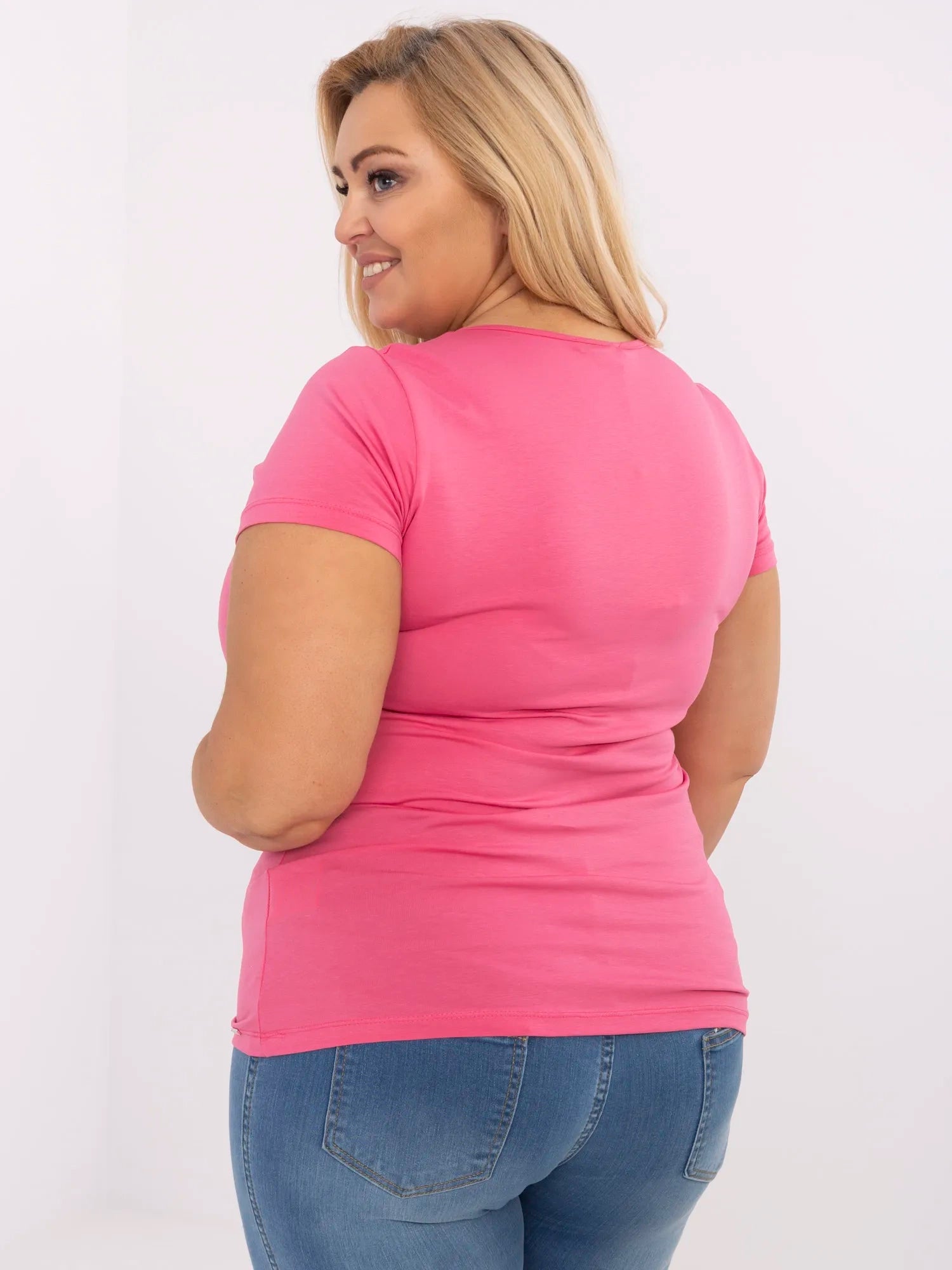 Ciemnoróżowy damski t-shirt basic plus size z bawełny