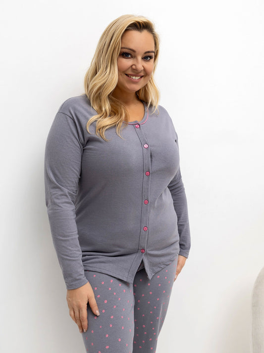 Ciemnoszara piżama plus size ze spodniami w groszki