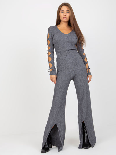 Ciemnoszare spodnie dzianinowe z rozcięciem high waist