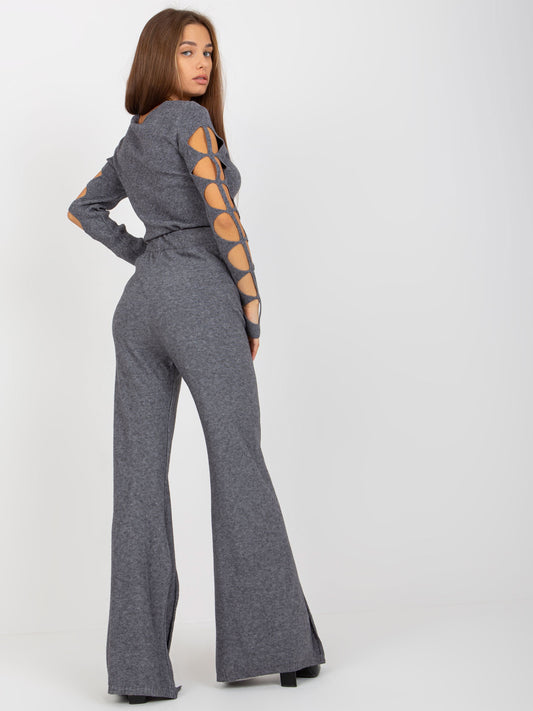 Ciemnoszare spodnie dzianinowe z rozcięciem high waist