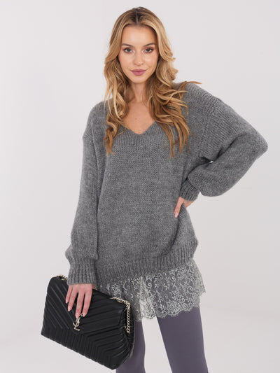 Ciemnoszary elegancki sweter z koronką