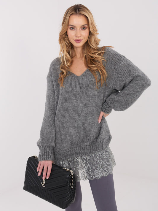 Ciemnoszary elegancki sweter z koronką