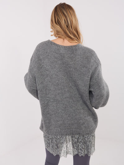 Ciemnoszary elegancki sweter z koronką