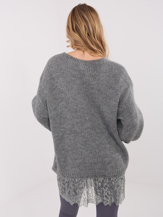 Ciemnoszary elegancki sweter z koronką