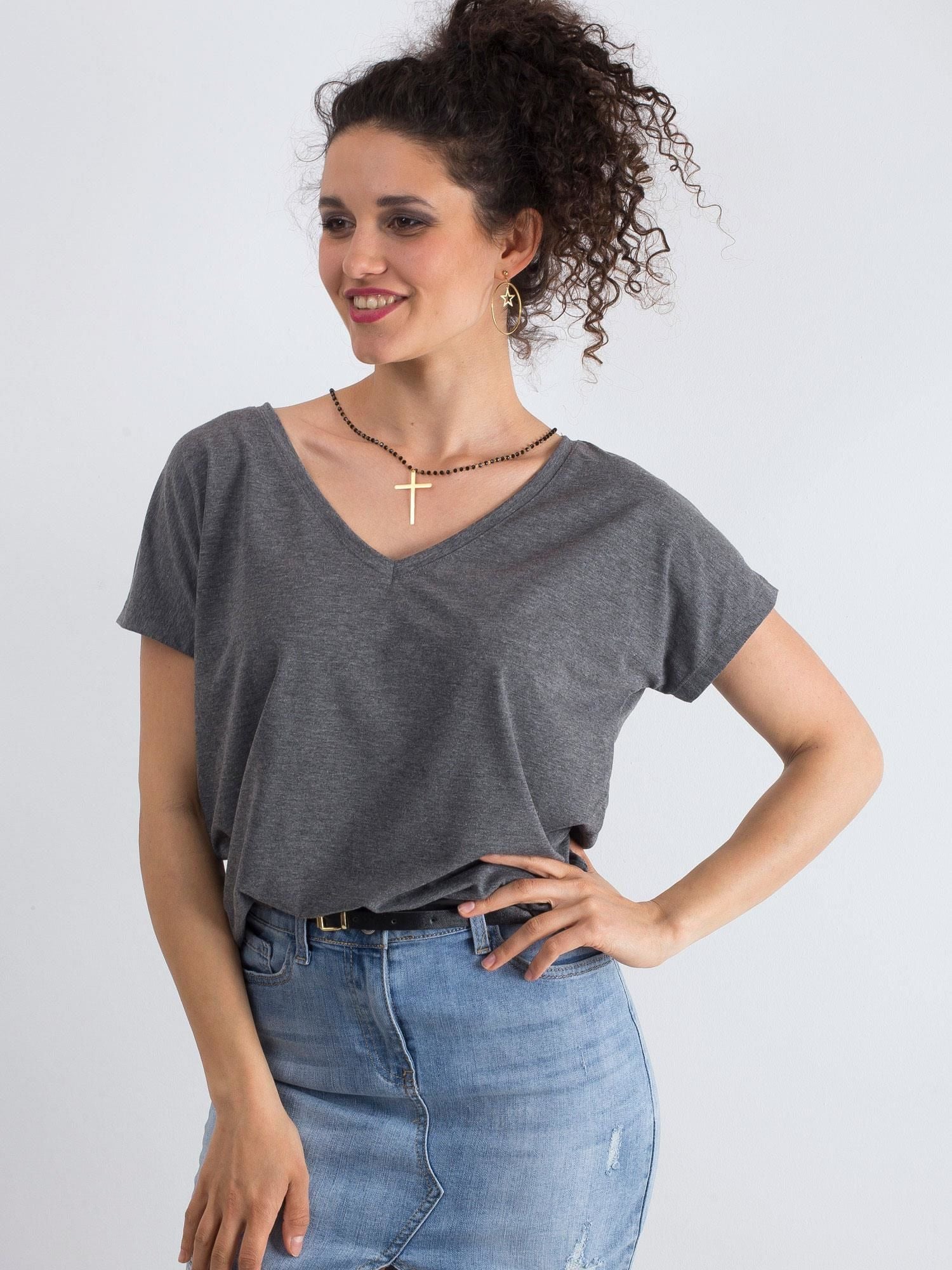 Melanżowy t-shirt V-neck beżowy