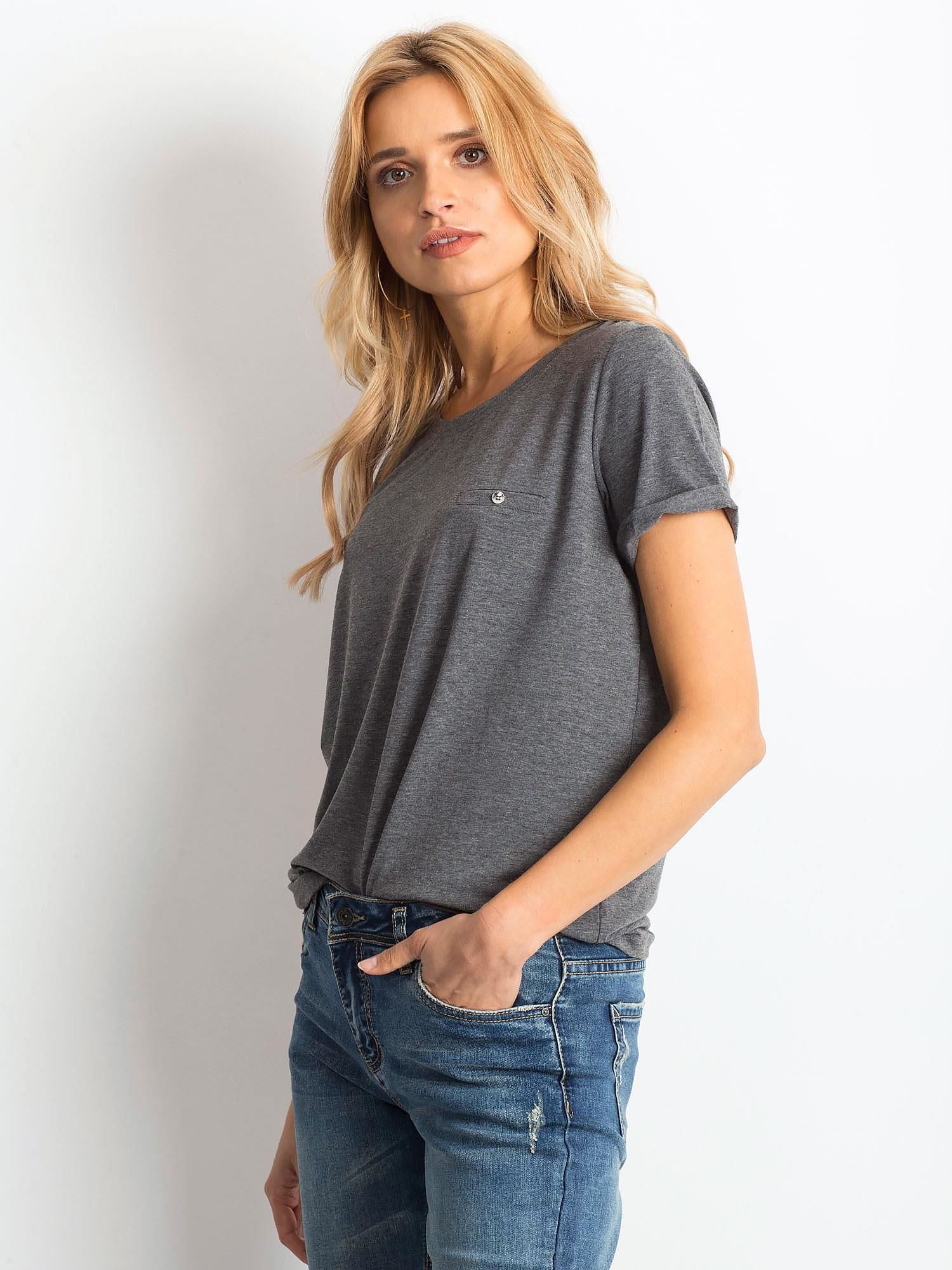 Bawełniany melanżowy t-shirt damski basic ciemnoszary