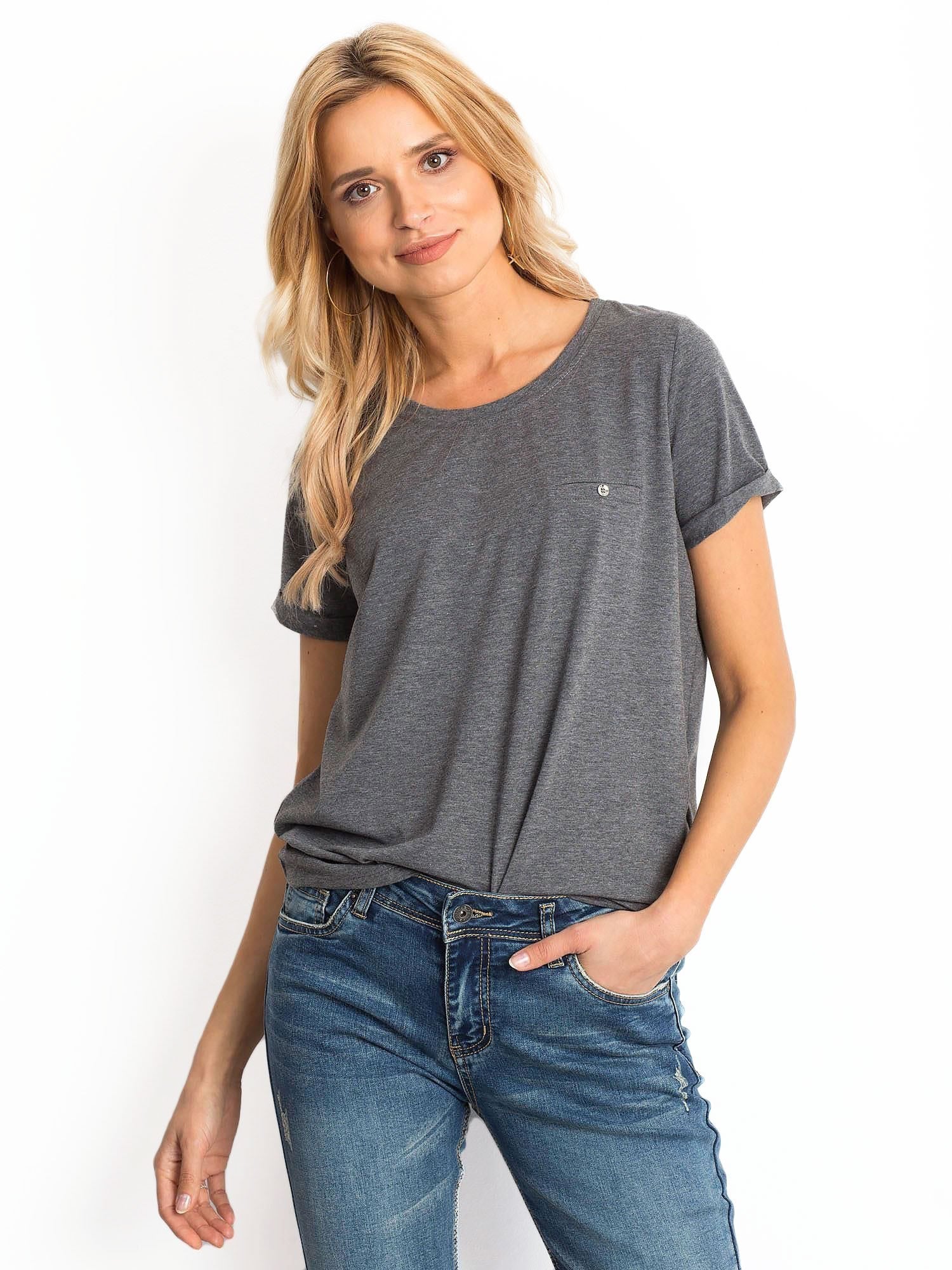 Bawełniany melanżowy t-shirt damski basic ciemnoszary