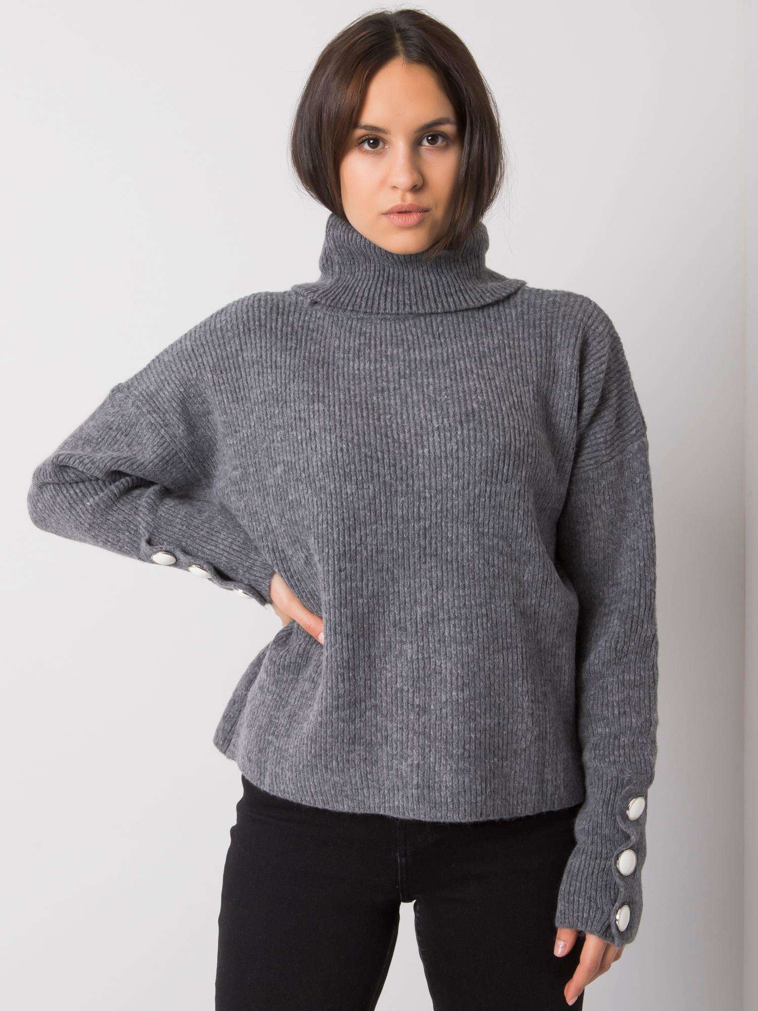 RUE PARIS Ciemnoszary sweter golf z guzikami