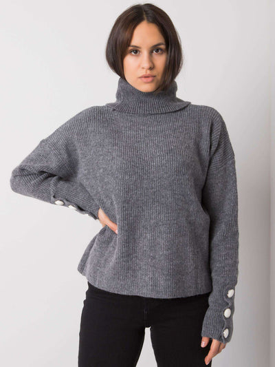 RUE PARIS Ciemnoszary sweter golf z guzikami