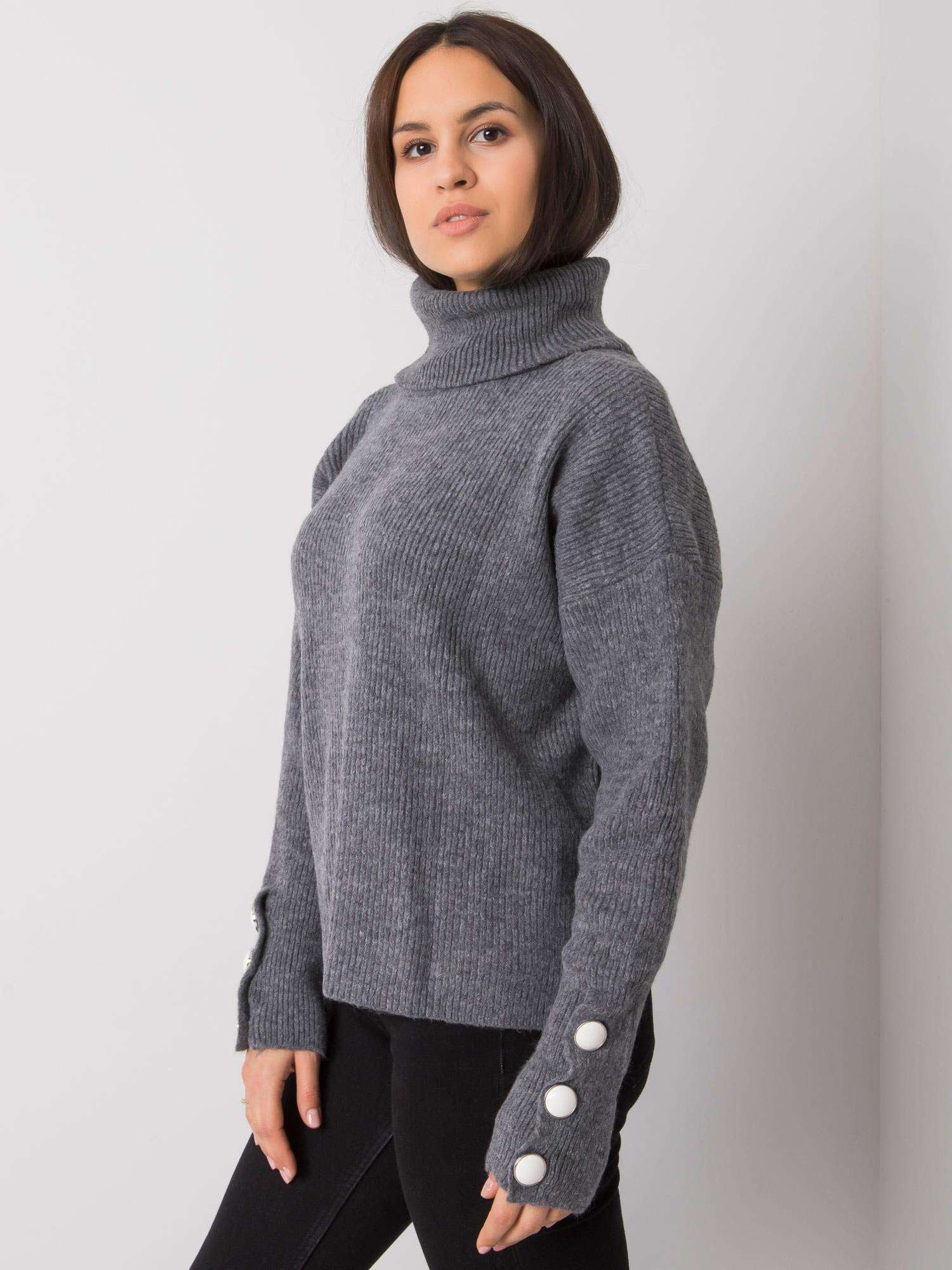 RUE PARIS Ciemnoszary sweter golf z guzikami