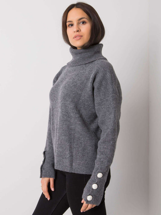 RUE PARIS Ciemnoszary sweter golf z guzikami