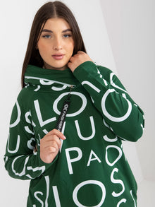 Ciemnozielona bluza plus size z kapturem i nadrukiem