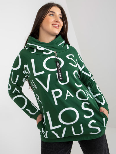 Ciemnozielona bluza plus size z kapturem i nadrukiem