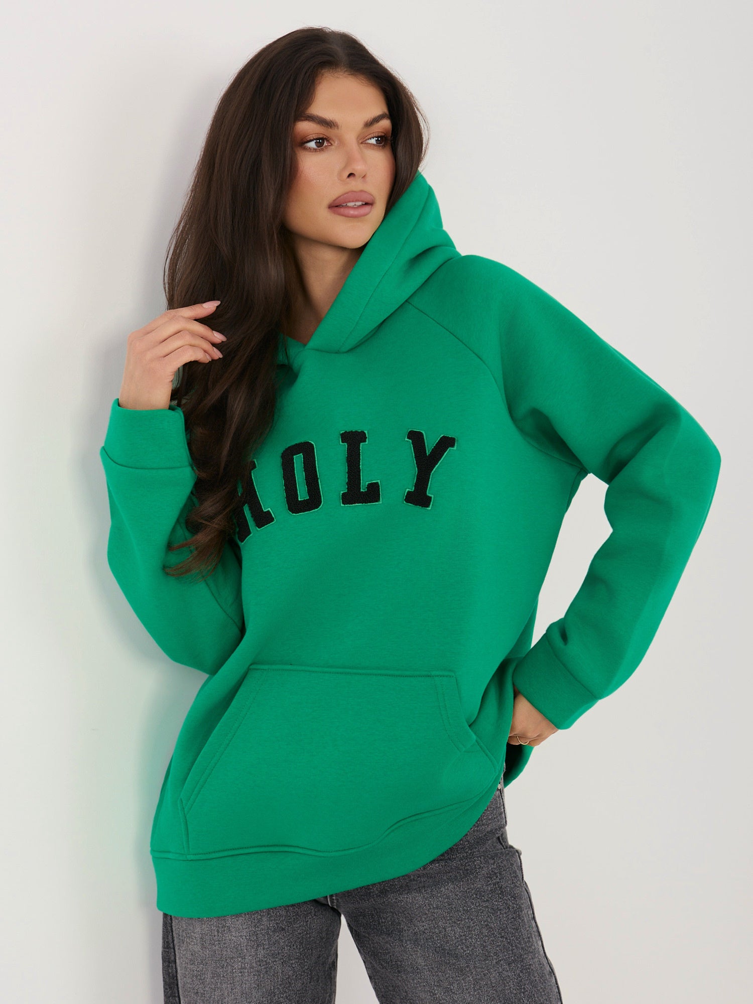 RUE PARIS Ciemnozielona ocieplana bluza oversize z kapturem