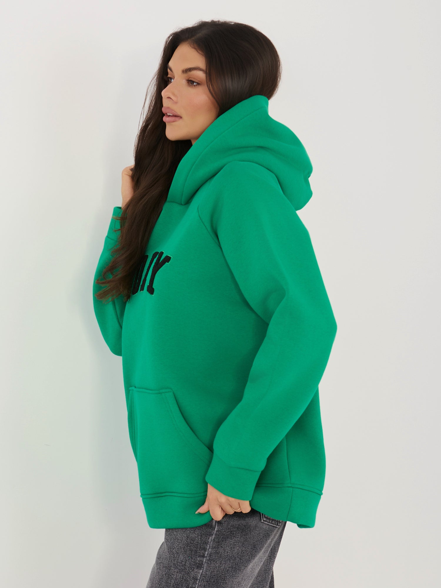 RUE PARIS Ciemnozielona ocieplana bluza oversize z kapturem