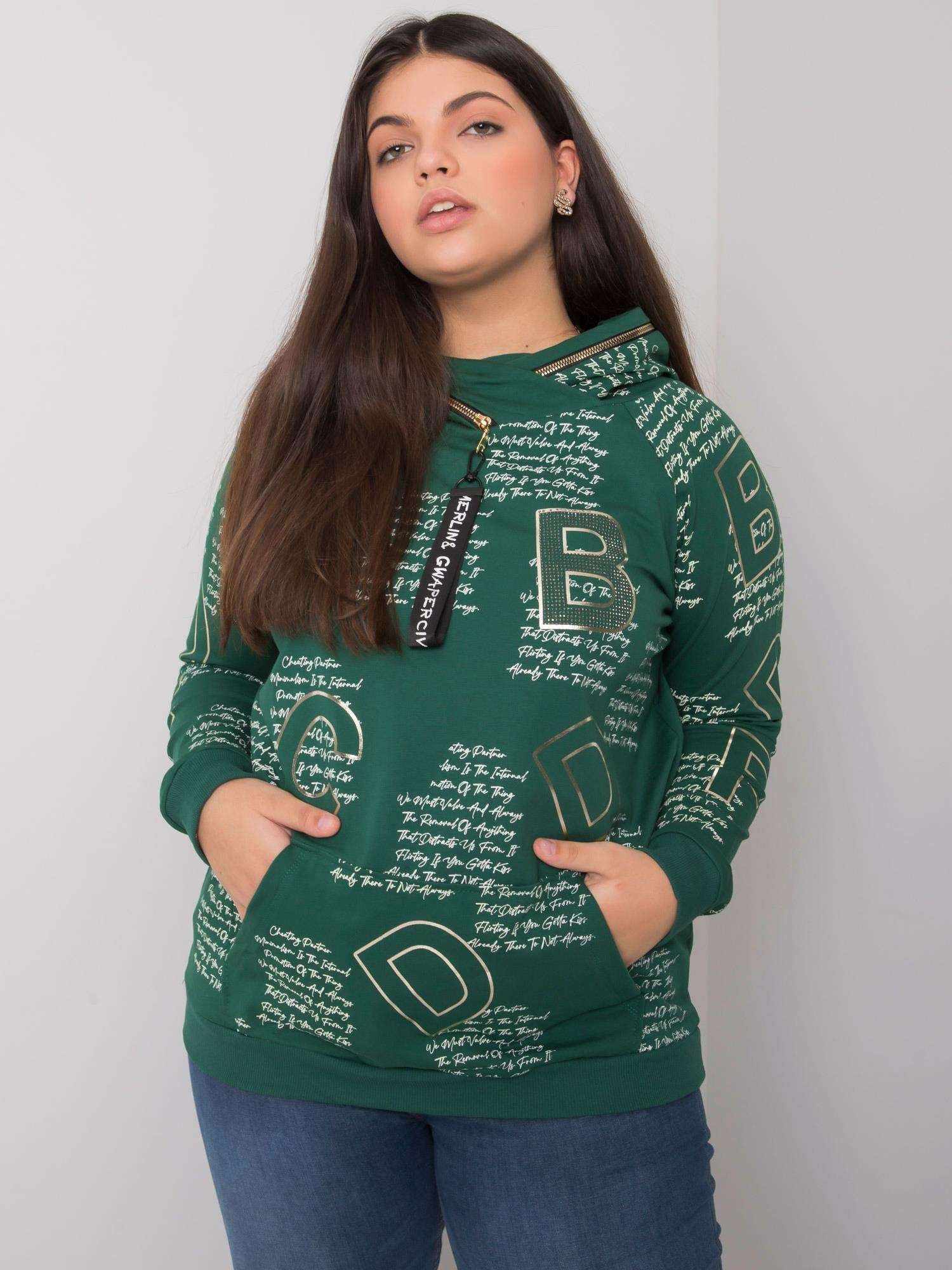 Ciemnozielona bluza plus size z dżetami