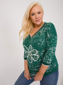 Ciemnozielona bluzka plus size z nadrukiem i dżetami