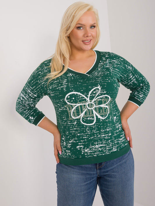 Ciemnozielona bluzka plus size z nadrukiem i dżetami
