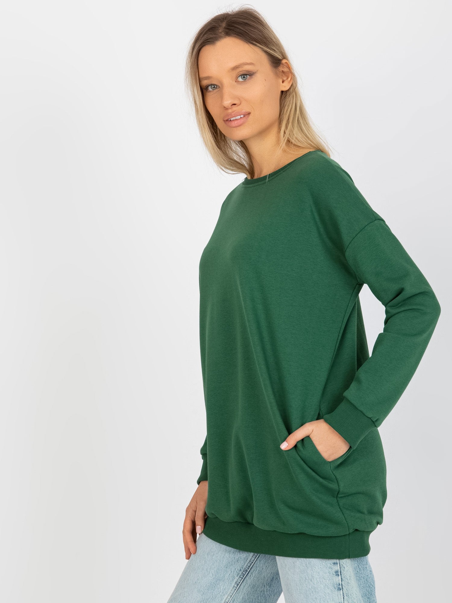 Ciemnozielona długa bluza basic z bawełny