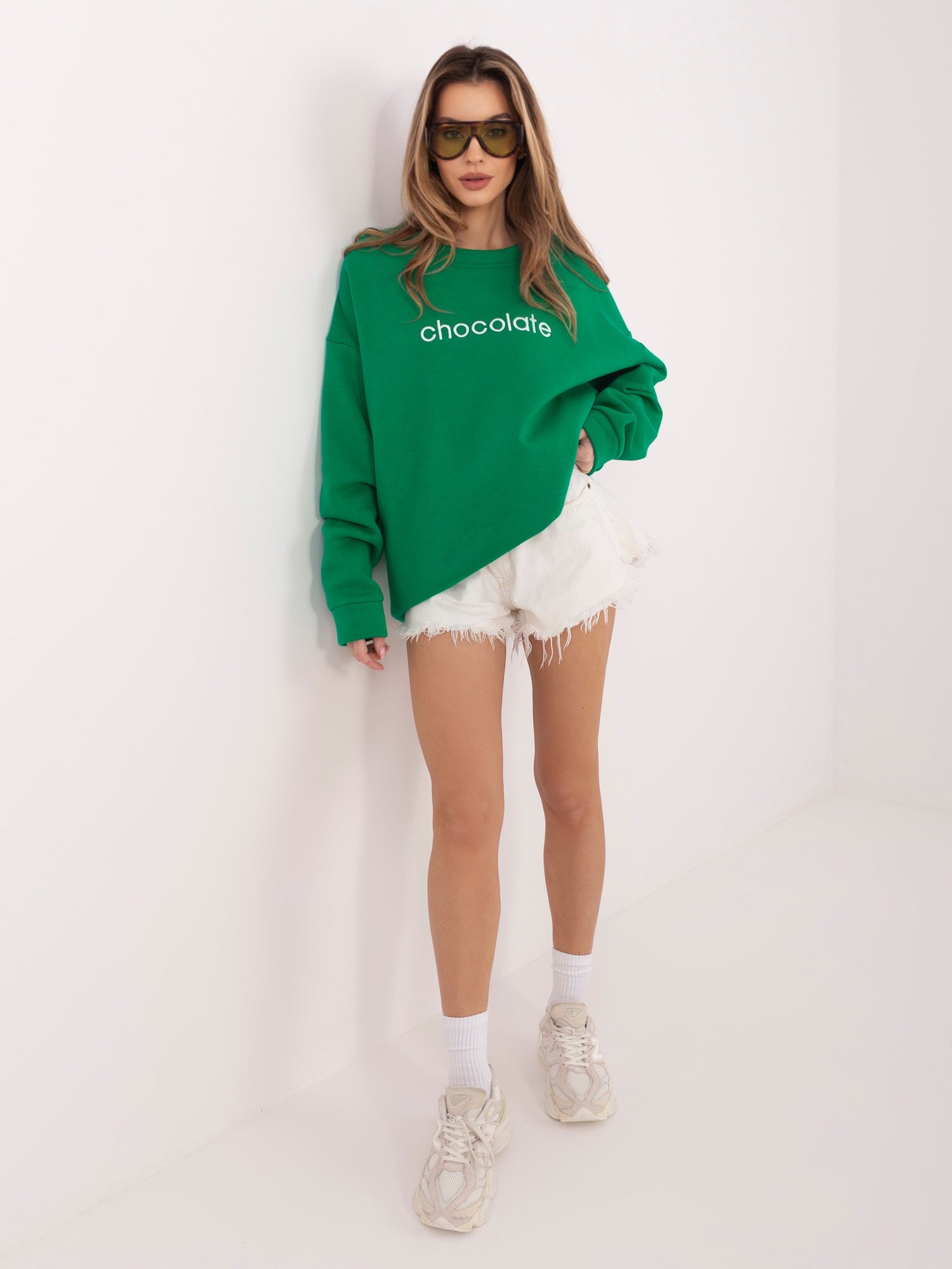 RUE PARIS Ciemnozielona dresowa bluza oversize bez kaptura