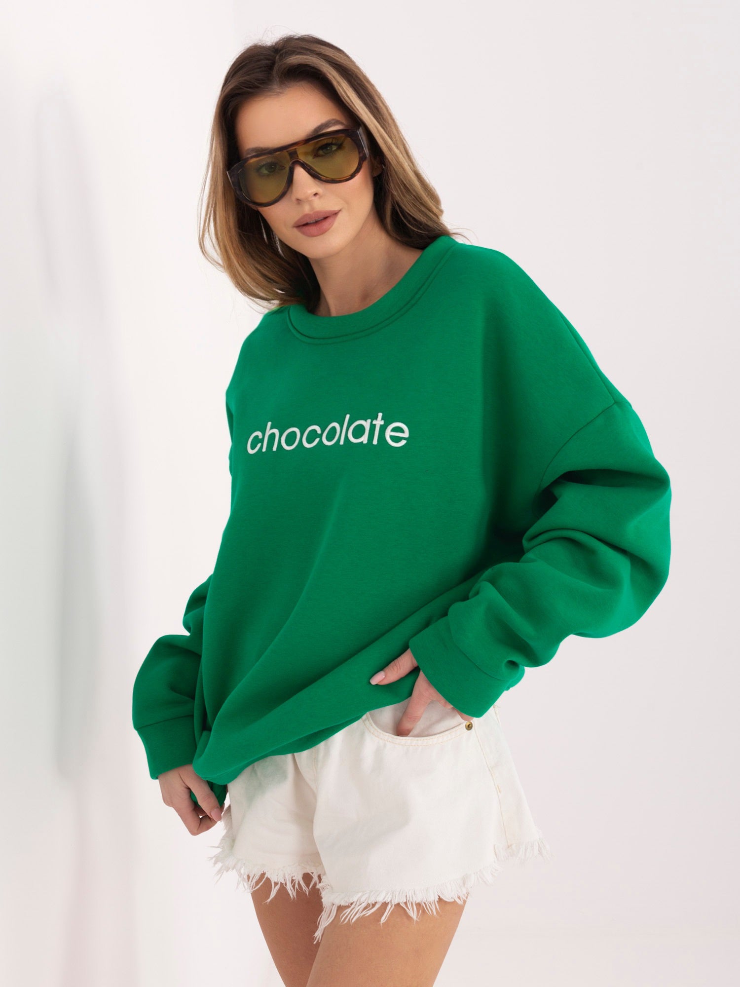 RUE PARIS Ciemnozielona dresowa bluza oversize bez kaptura